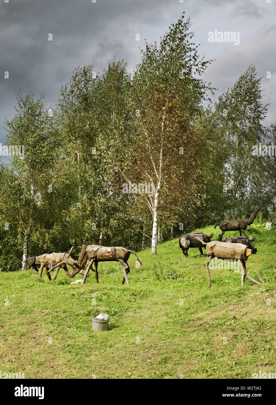 Art object Animals in Nikola-Lenivets village. Kaluga oblast. Russia Stock Photo