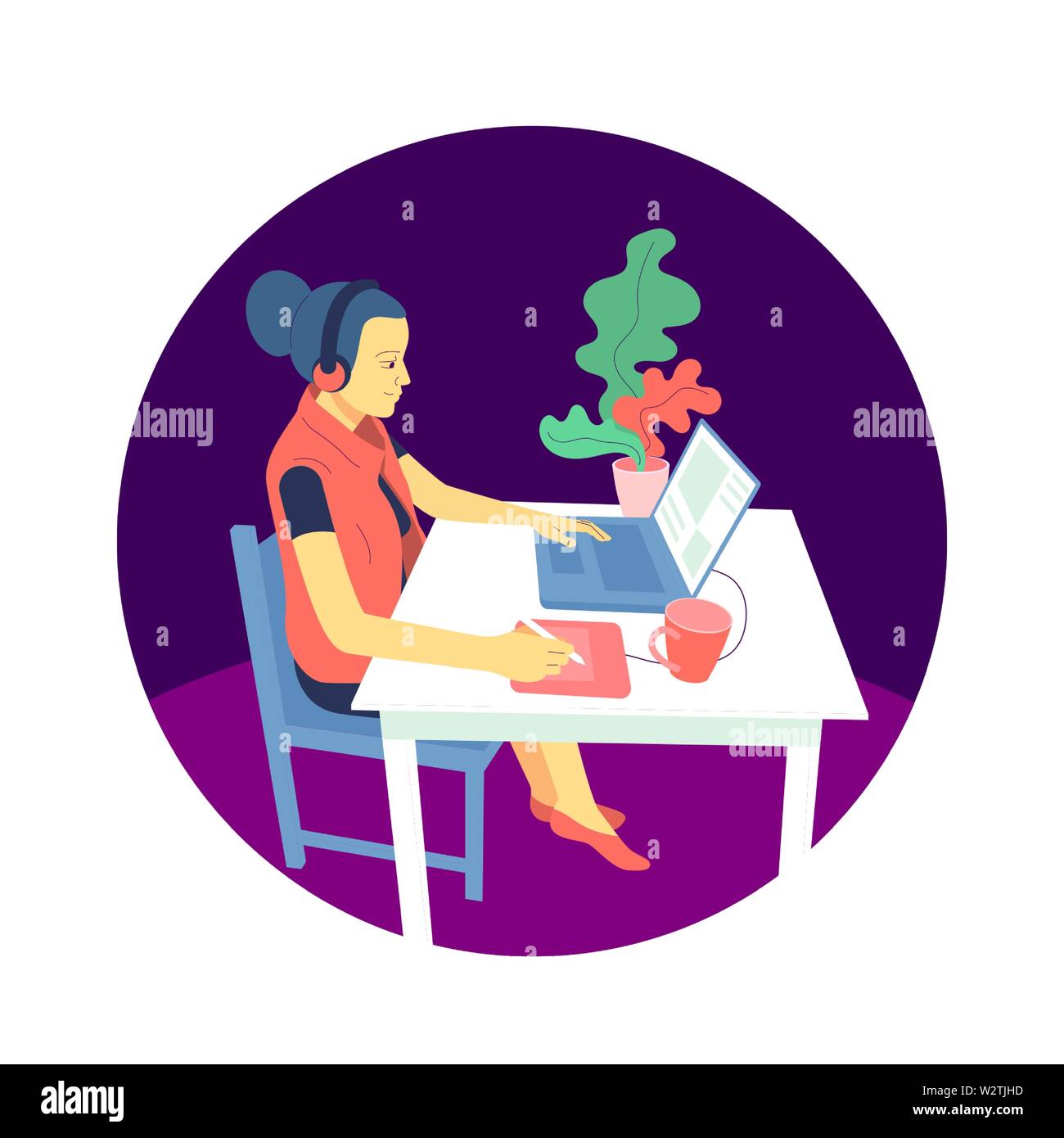 Flat style girl designer is sitting at desk and working with laptop ...