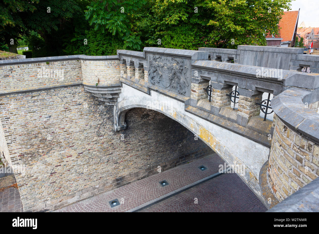 Lille Gate and overpass footbridge, Ieper, Belgium Stock Photo