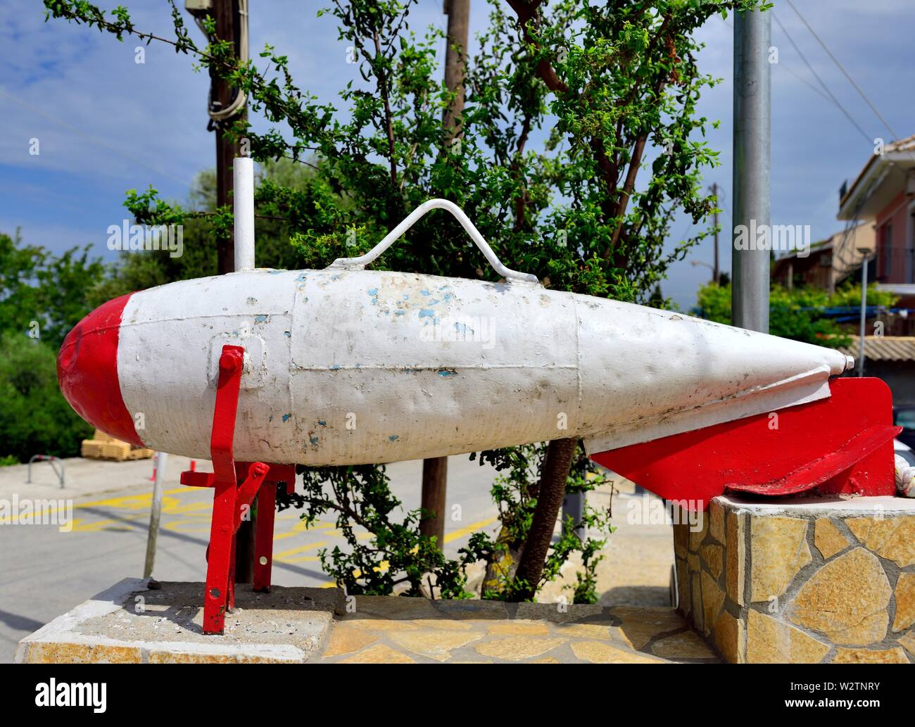 In the village of Afionas,Bomb Displayed to commemorate the men from the village of Afionas who fell during the 2nd world war,Corfu,Greece Stock Photo