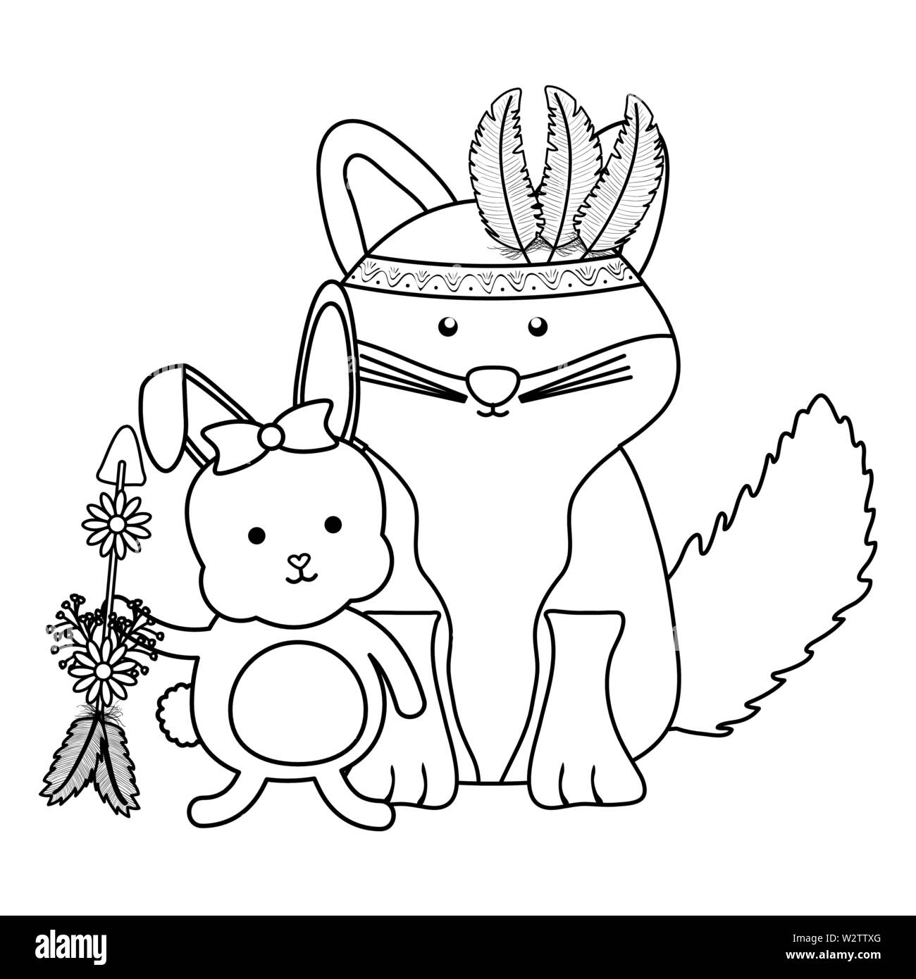 cute fox and rabbit with feathers hat and arrow bohemian vector ...