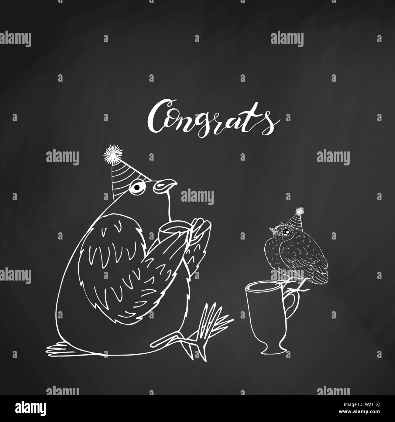 cute pigeon holding cup of tea and little bird sitting on a cup. hand lettering congrats. on chalkboard background. stock vector illustration. Stock Vector