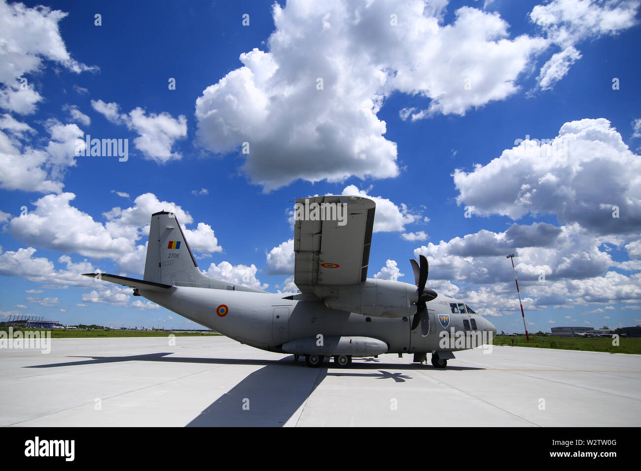 Otopeni, Romania - May 22, 2019: Alenia C-27J Spartan military cargo plane from the Romanian Air Force landed in an airbase during a drill. Stock Photo