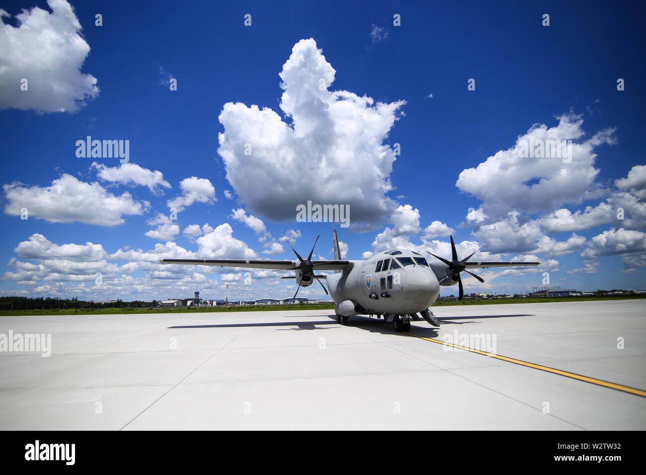 Otopeni, Romania - May 22, 2019: Alenia C-27J Spartan military cargo plane from the Romanian Air Force landed in an airbase during a drill. Stock Photo