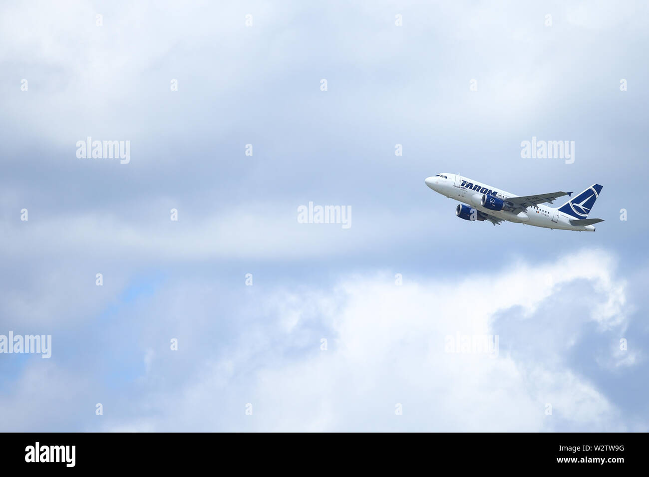 Otopeni, Romania - May 22, 2019: A TAROM commercial airplane is taking off from the Henri Coanda International Airport. Stock Photo