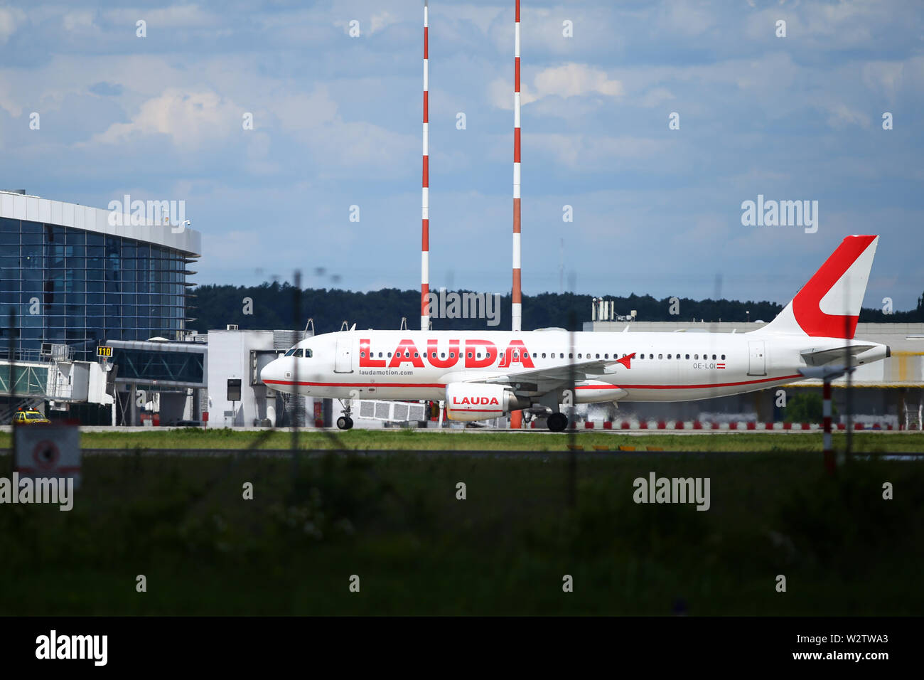 Otopeni, Romania - May 22, 2019: A Lauda commercial airplane is taking off from the Henri Coanda International Airport. Stock Photo