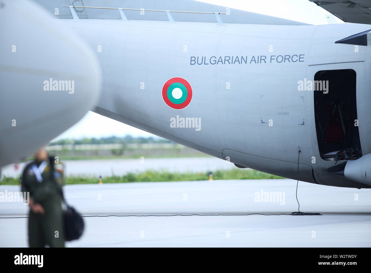 Otopeni, Romania - May 22, 2019: Alenia C-27J Spartan military cargo plane from the Bulgarian Air Force landed in an airbase during a drill. Stock Photo