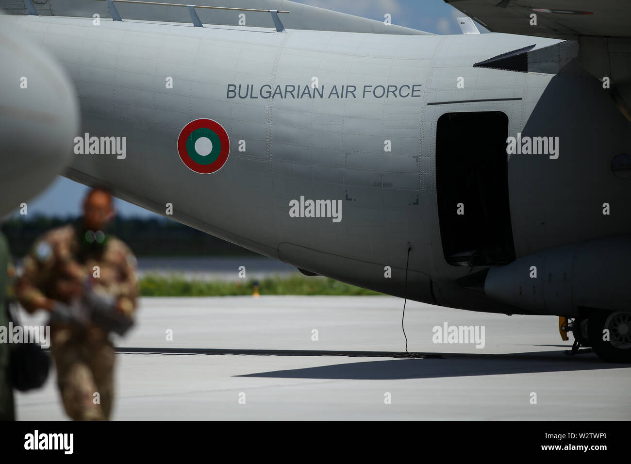 Otopeni, Romania - May 22, 2019: Alenia C-27J Spartan military cargo plane from the Bulgarian Air Force landed in an airbase during a drill. Stock Photo