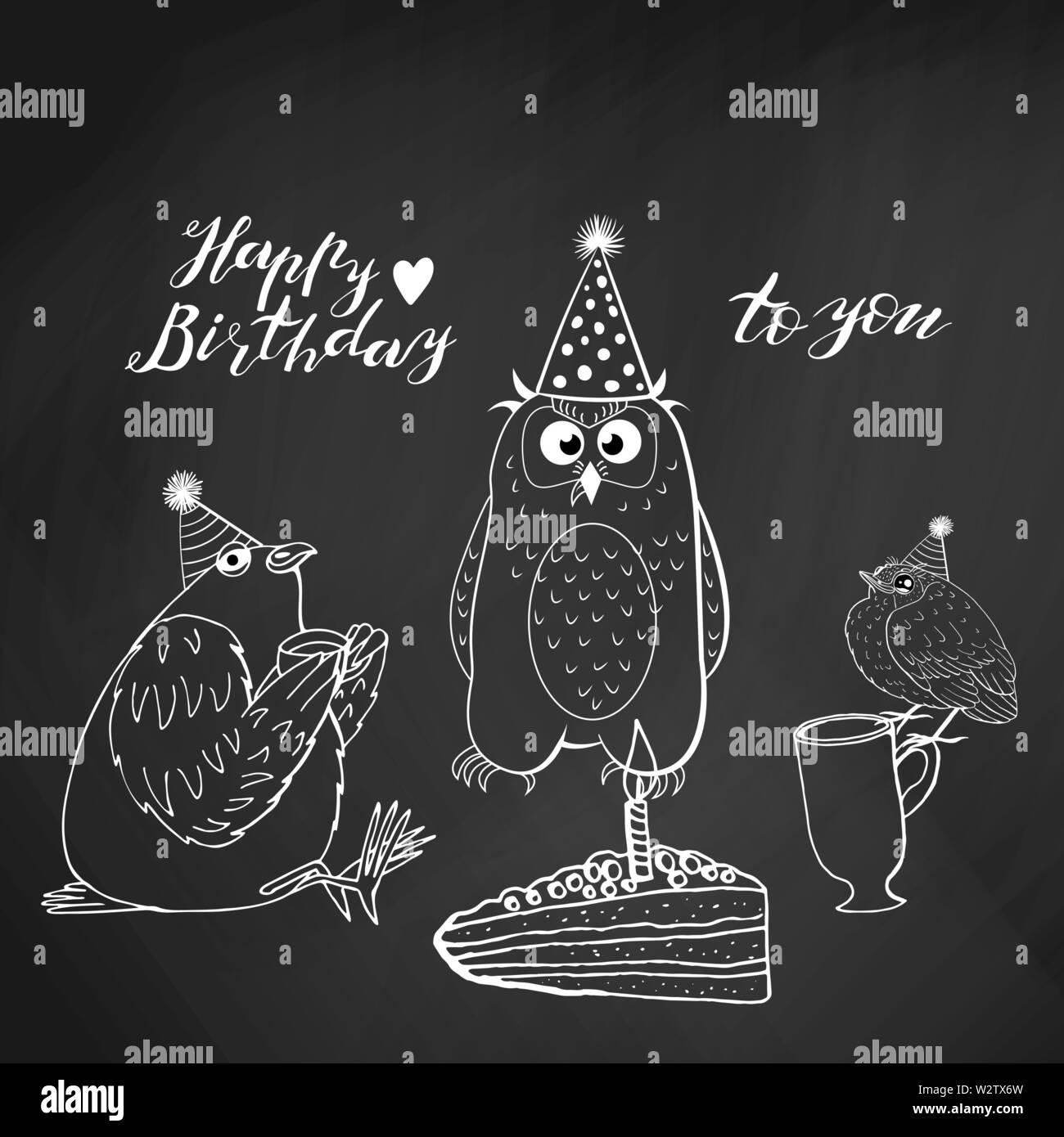 cute pigeon holding cup of tea, owl in cone hat and a little bird sitting on a pink cup. hand lettering happy birthday to you.on chalkboard background Stock Vector