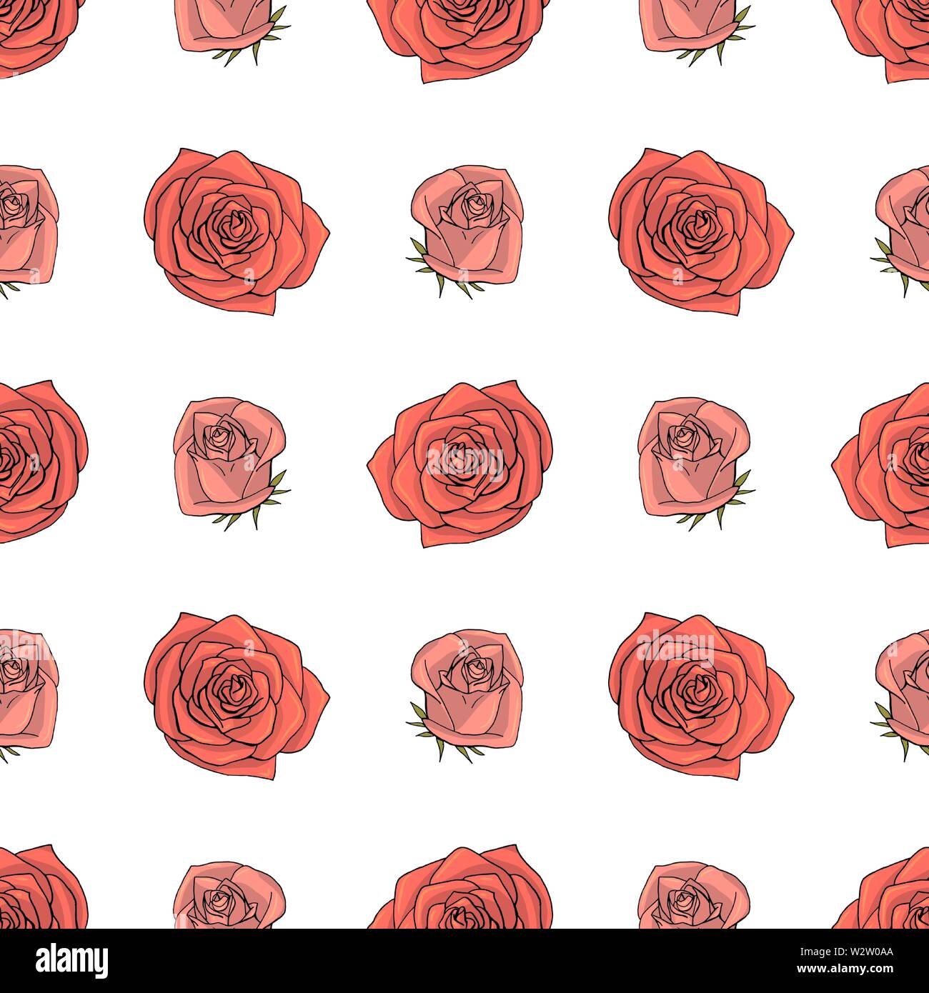 Hand drawn doodle style rose flowers seamless pattern. white background ...