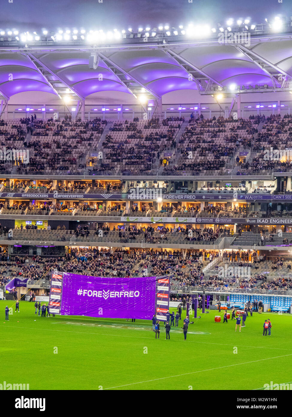 Fremantle Dockers banner in Western Derby AFL game at Optus Stadium Perth Western Australia. Stock Photo