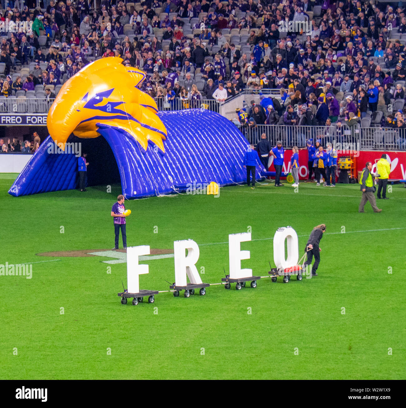 Inflatable tunnel  and Freo Sign at West Coast Eagles and Fremantle Dockers Western Derby AFL game at Optus Stadium Perth Western Australia. Stock Photo