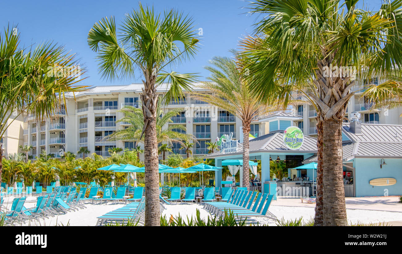 Margaritaville Resort Orlando. Main pool area with blue lounge chairs