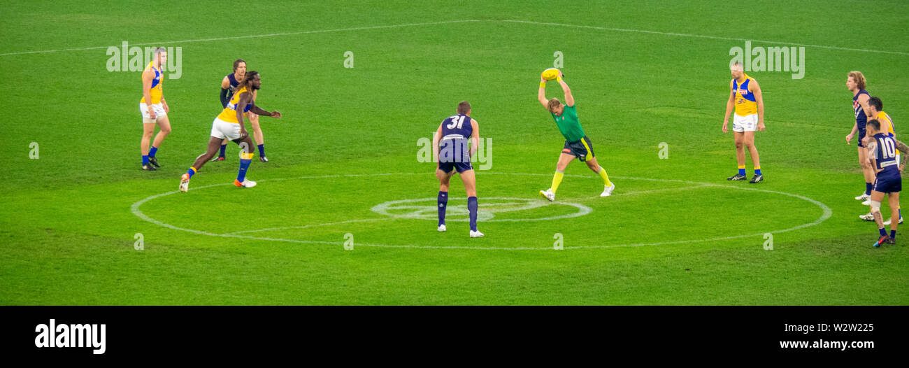 West Coast Eagles and Fremantle Dockers Nic Naitanui and Aaron Sandilands in Western Derby AFL game at Optus Stadium Perth Western Australia. Stock Photo