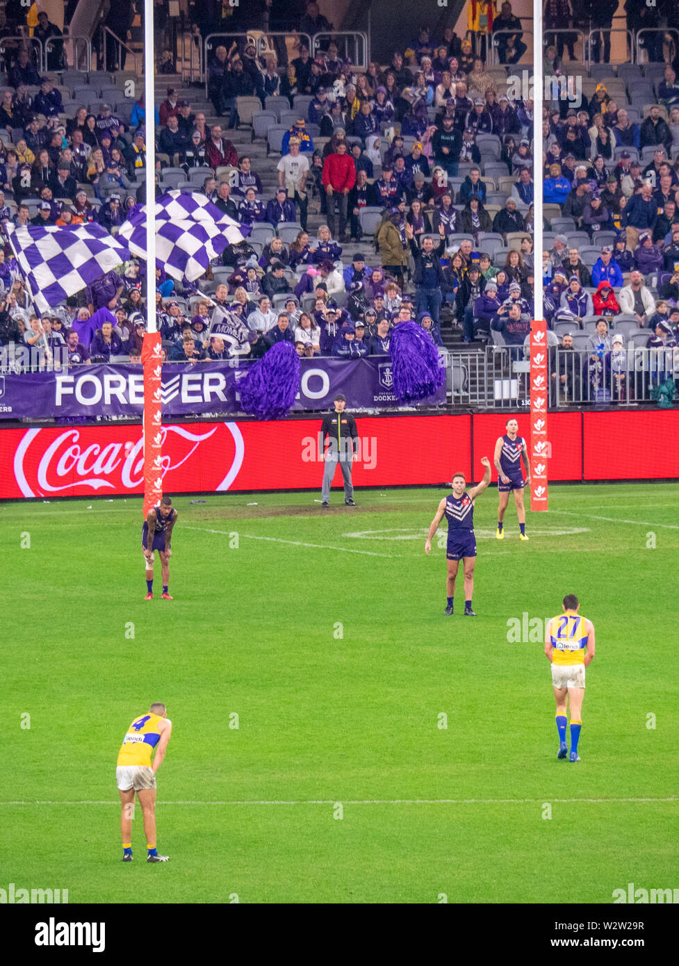 West Coast Eagles footballer Jack Darling kicking for goal in a Western Derby AFL game at Optus Stadium Perth Western Australia. Stock Photo