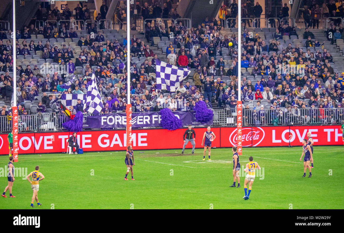 West Coast Eagles footballer Jack Darling kicking for goal in a Western Derby AFL game at Optus Stadium Perth Western Australia. Stock Photo
