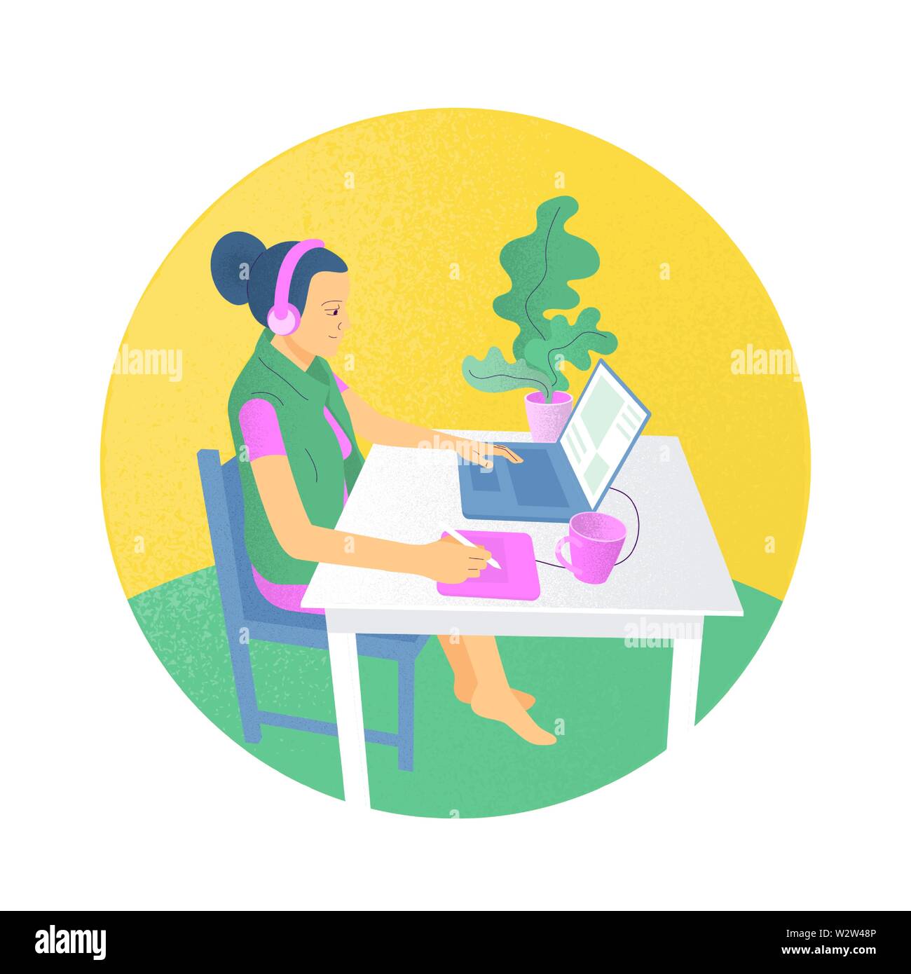 Flat style girl designer is sitting at desk and working with laptop ...