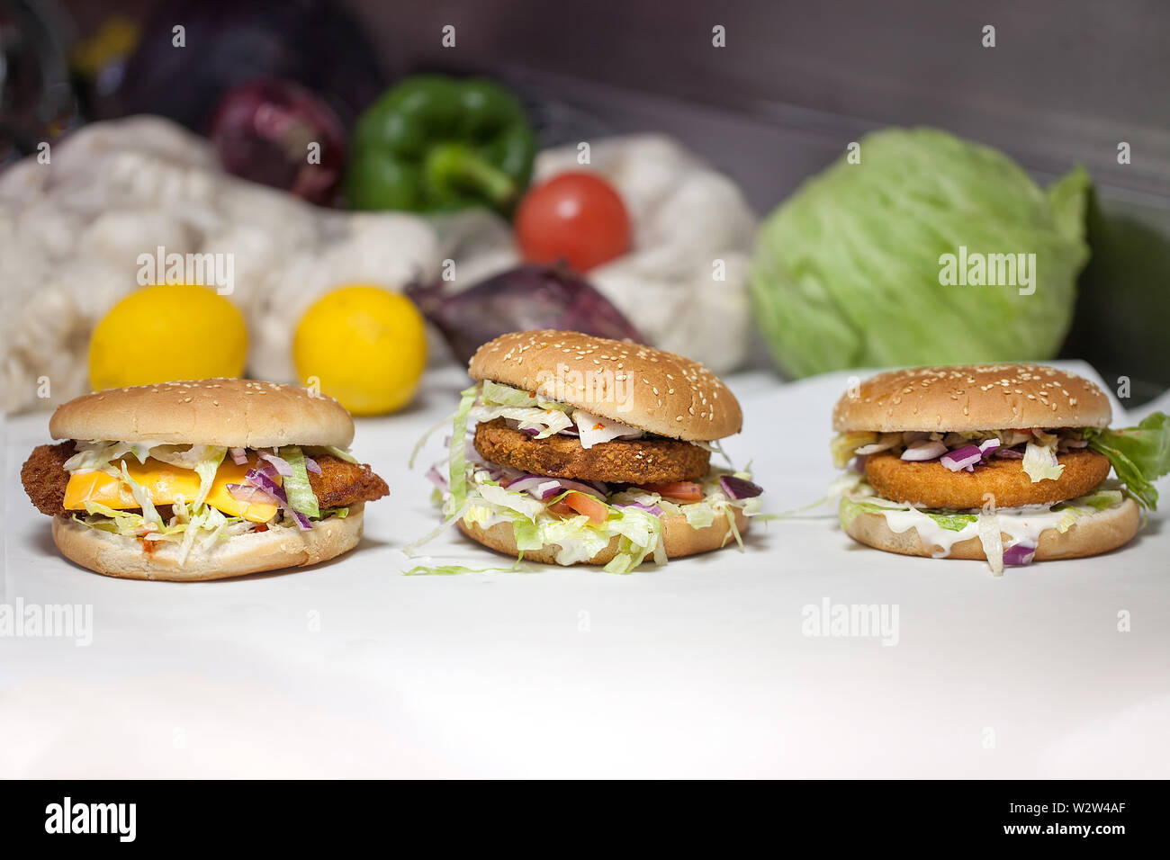 Dublin / Ireland Fast food 3 different types of burgers on the table Stock Photo Alamy