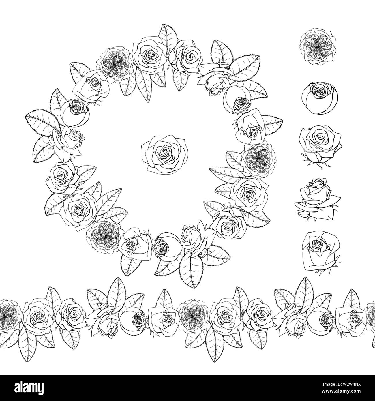 Hand drawn doodle style rose flowers wreath and seamless brush. vintage ...