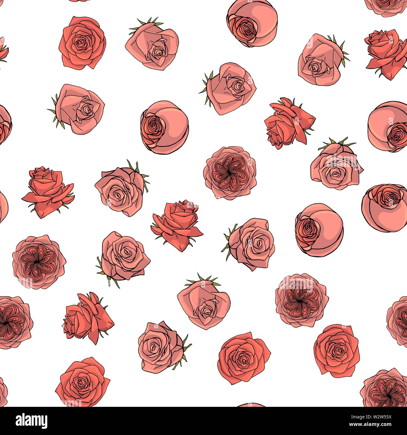 Hand drawn doodle style rose flowers seamless pattern. white background ...