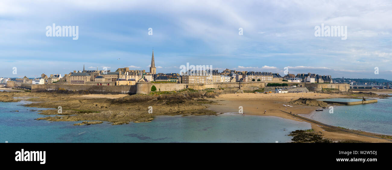 St Malo old medieval city scenic skyline or cityscape panorama on late afternoon, summer, Brittany, France. Stock Photo