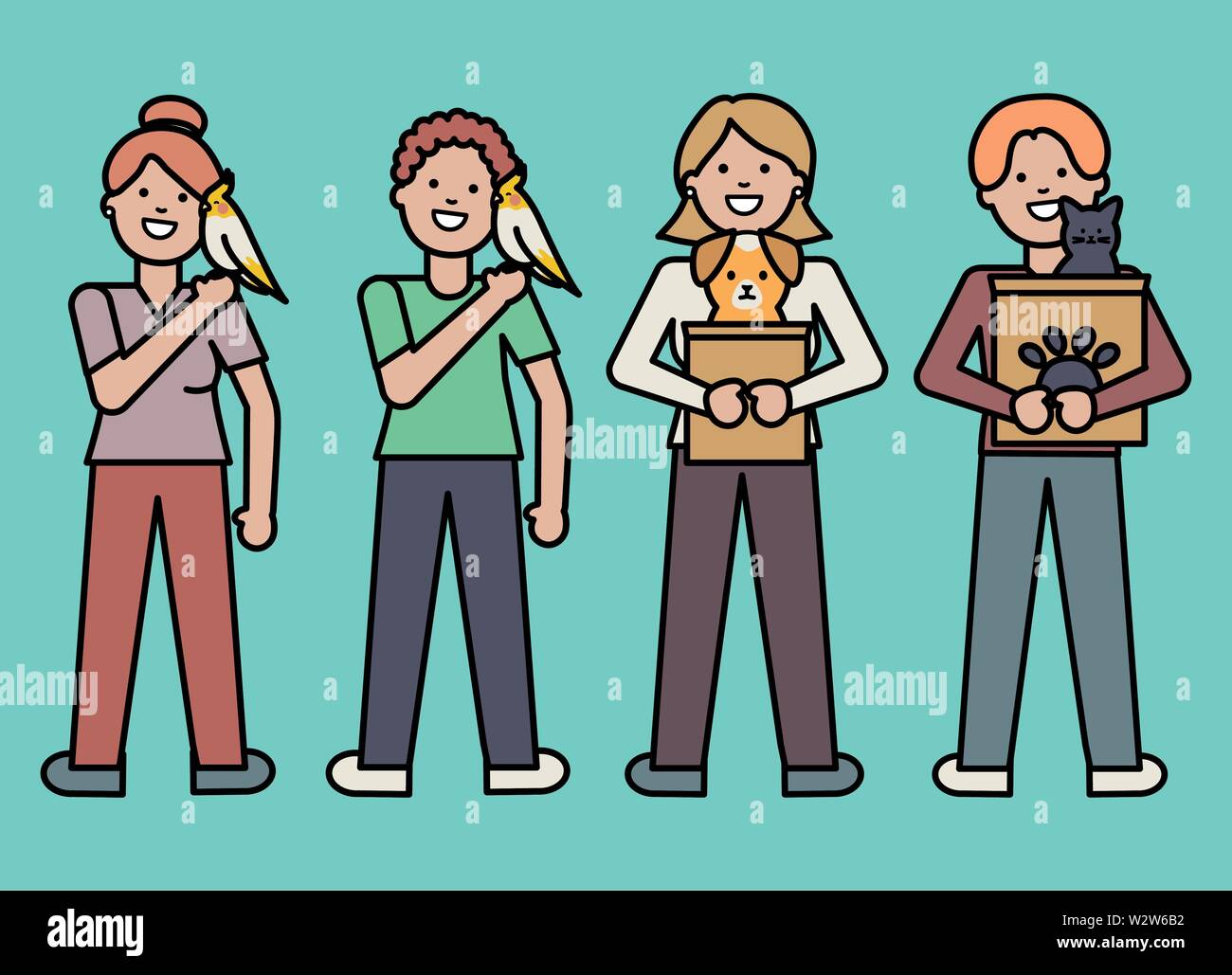 young people with adorables mascots vector illustration design Stock Vector