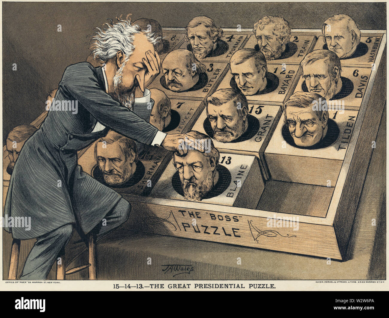 The Great Presidential Puzzle: Illustration shows Senator Roscoe Conkling, leader of the Stalwarts group of the Republican Party, playing a puzzle game. All blocks in the puzzle are the heads of the potential Republican presidential candidates, among them Grant, Sherman, Tilden, and Blaine. Conkling rests his head on one hand and the other on Blaine's head as though ready to move it to the empty space in the box.  Chromolithograph. Parodies the famous 14-15 puzzle (the Rubik's cube of the 1880s). Fran√ßais¬†: The Great Presidential Puzzle¬†: Illustration montrant le s√©nateur Roscoe Conkling, Stock Photo