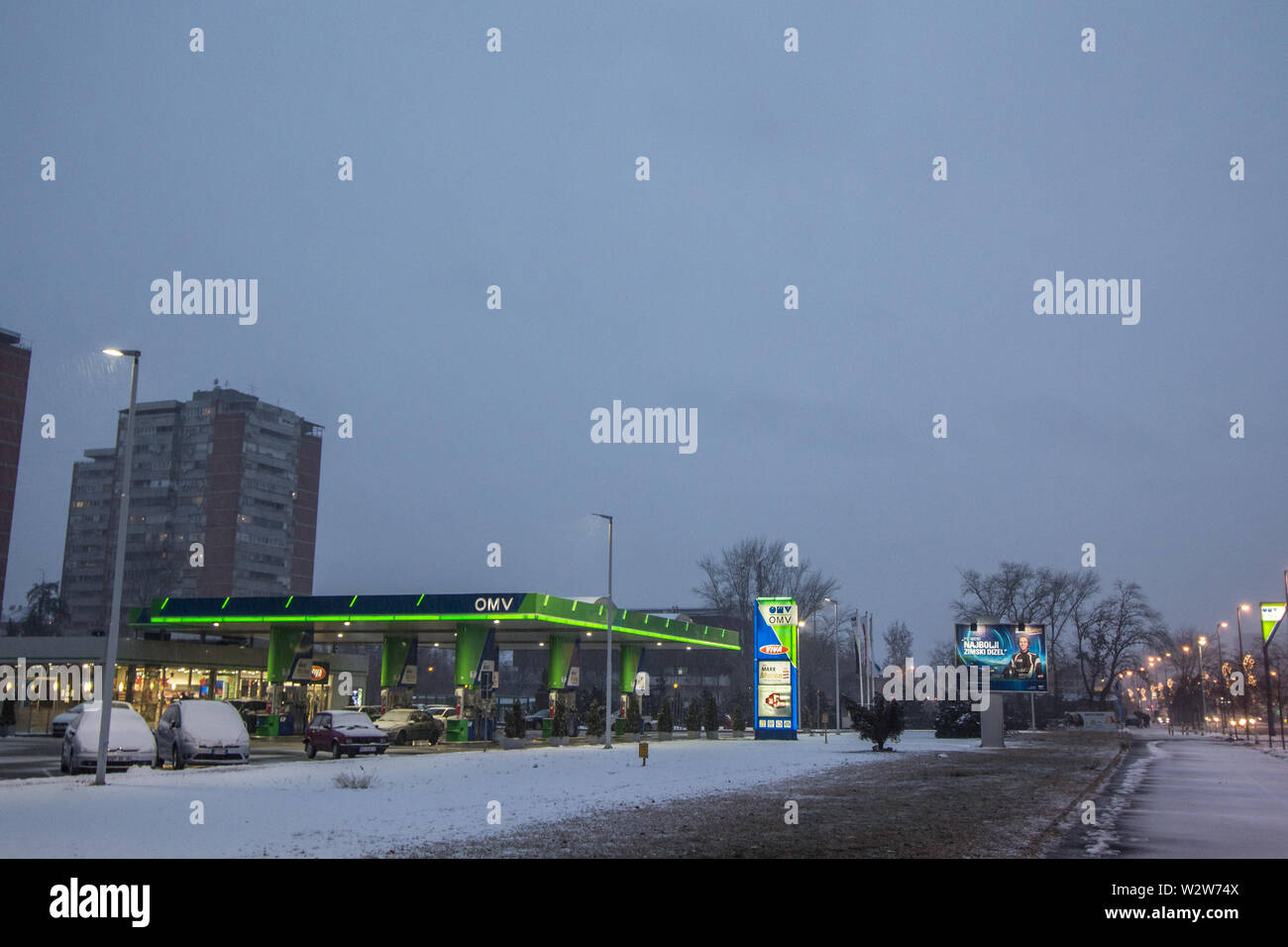 BELGRADE, SERBIA - JANUARY 6, 2019: Logo of OMV on one of its gas stations of Belgrade. OMV is an Austrian petroleum and gas company spread all accros Stock Photo