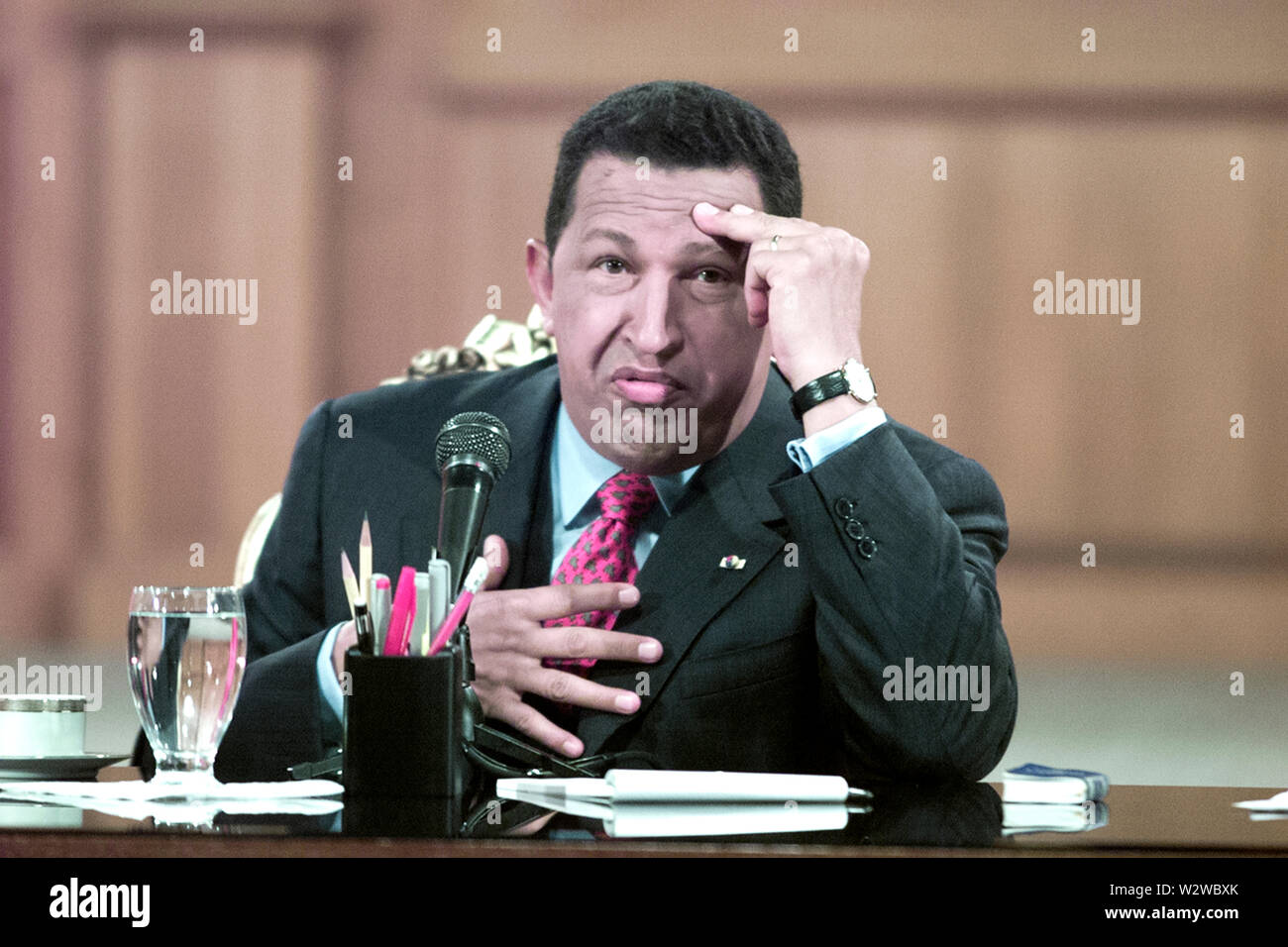 Venezuelan President Hugo Chavez gestures during a press conference in Caracas, Venezuela Stock Photo