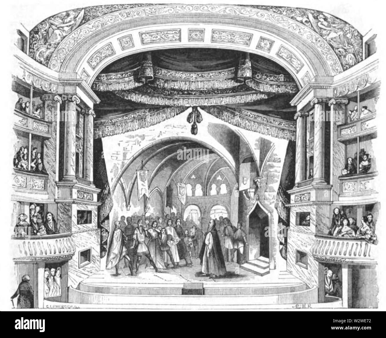 Illustrirte Zeitung (1843) 05 013 1 Scene des zweiten Actes, wo Friedrich Barbarossa sich zu erkennen giebt Stock Photo
