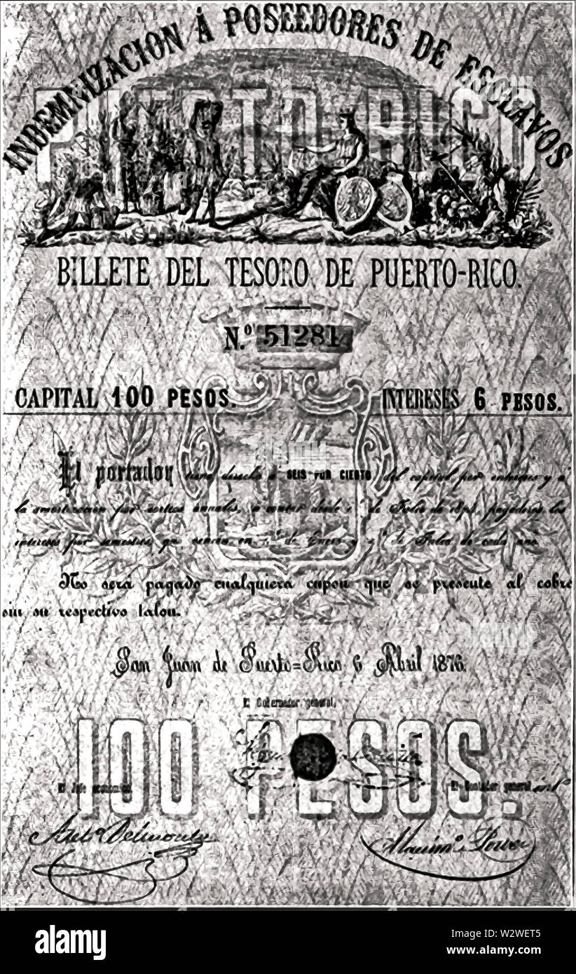 Indemnity bond paid as compensation to former owners of freed slaves as compensation. On March 22, 1873, the Spanish National Assembly finally abolished slavery in Puerto Rico. The owners were compensated, and slaves were required to continue working for three more years. Image also found at the LOC: Stock Photo