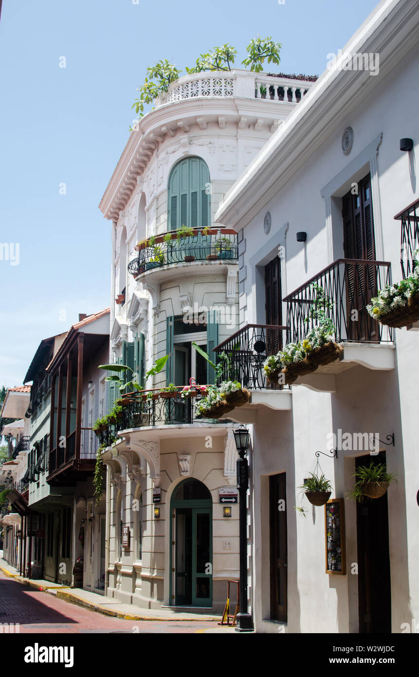Charming balconies in Casco Viejo, the famous Panama City historic neighborhood and World Heritage Site since 1997 Stock Photo