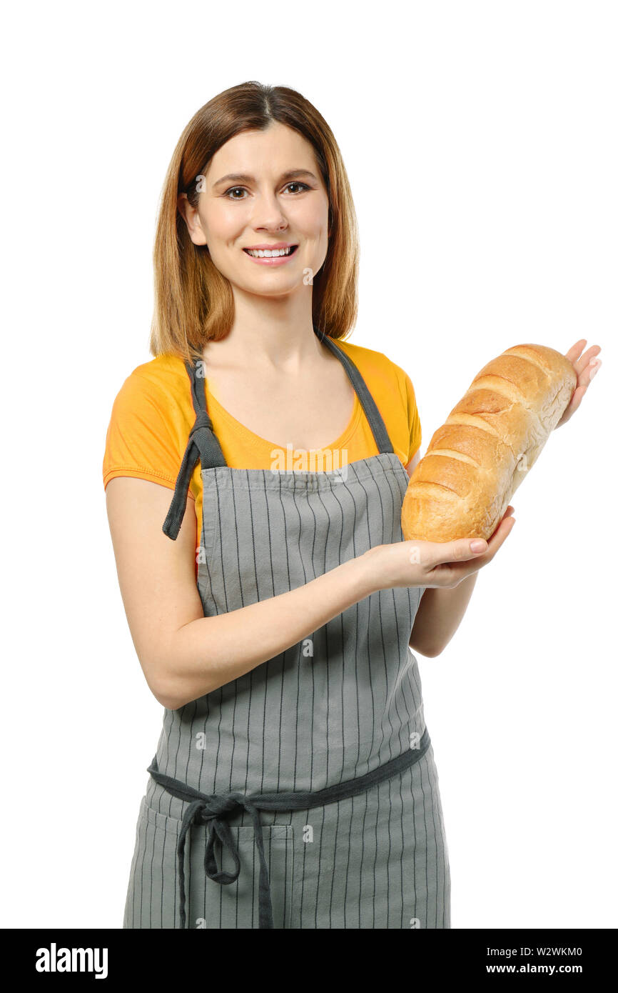 Female baker with bread on white background Stock Photo - Alamy