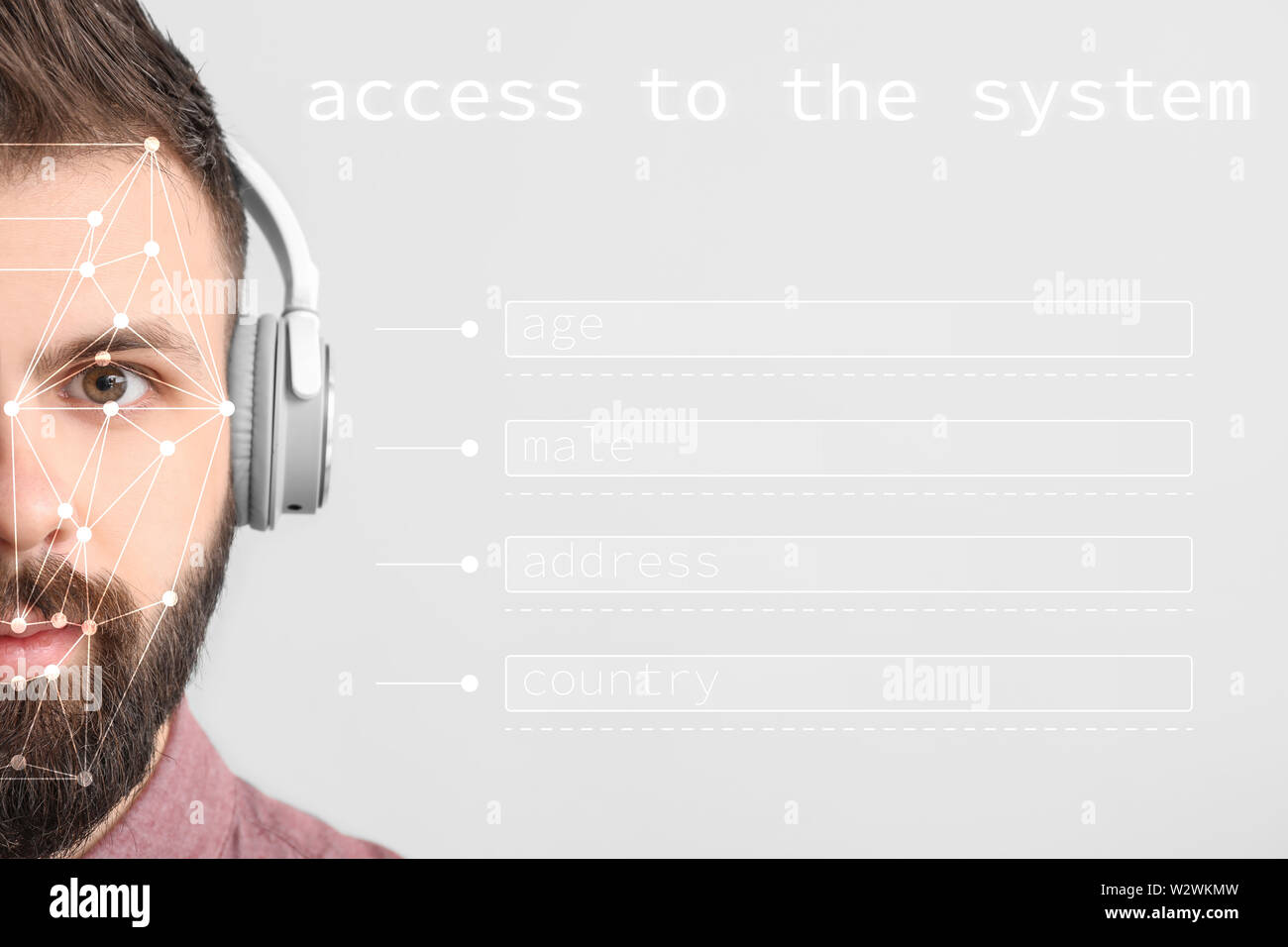 Male face and data-entry fields on light background. Concept of using facial recognition system Stock Photo