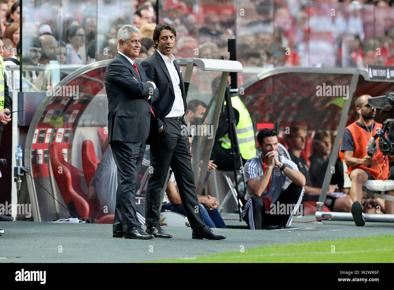 Lisbon, Portugal. 10th July, 2019. Luis Filipe Vieira (L), President of SL Benfica and Rui Costa (R), Sports Director of SL Benfica during the Pre-Season football match 2019/2020 between SL Benfica vs Royal Sporting Club Anderlecht.(Final score: SL Benfica 1 - 2 Royal Sporting Club Anderlecht) Credit: SOPA Images Limited/Alamy Live News Stock Photo