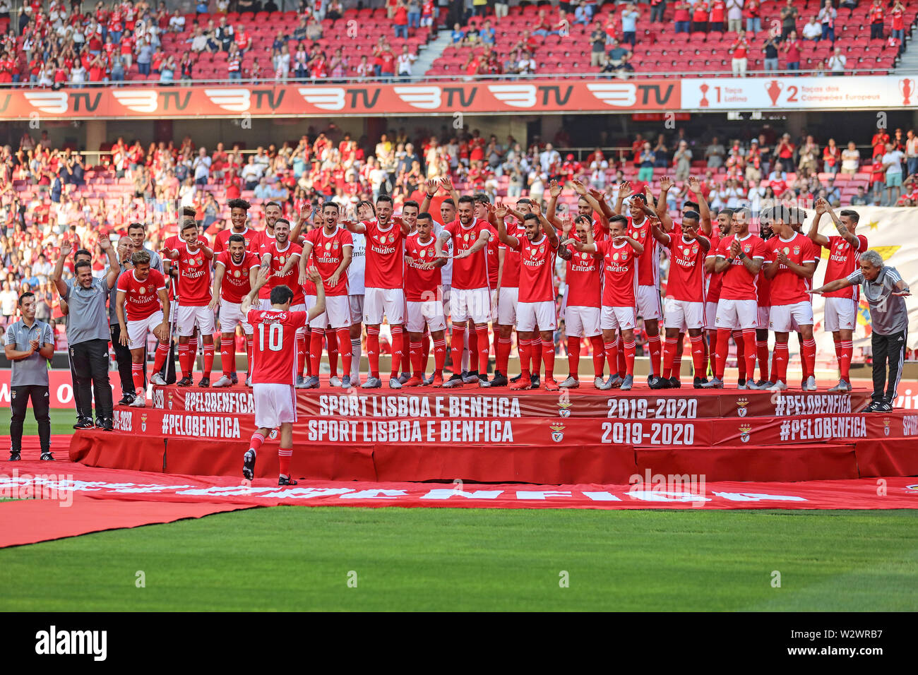 Lisbon, Portugal. 10th July, 2019. Jonas Gonçalves Oliveira (10) of SL Benfica says goodbye to his football career and his team thanks during the Pre-Season football match 2019/2020 between SL Benfica vs Royal Sporting Club Anderlecht.(Final score: SL Benfica 1 - 2 Royal Sporting Club Anderlecht) Credit: SOPA Images Limited/Alamy Live News Stock Photo