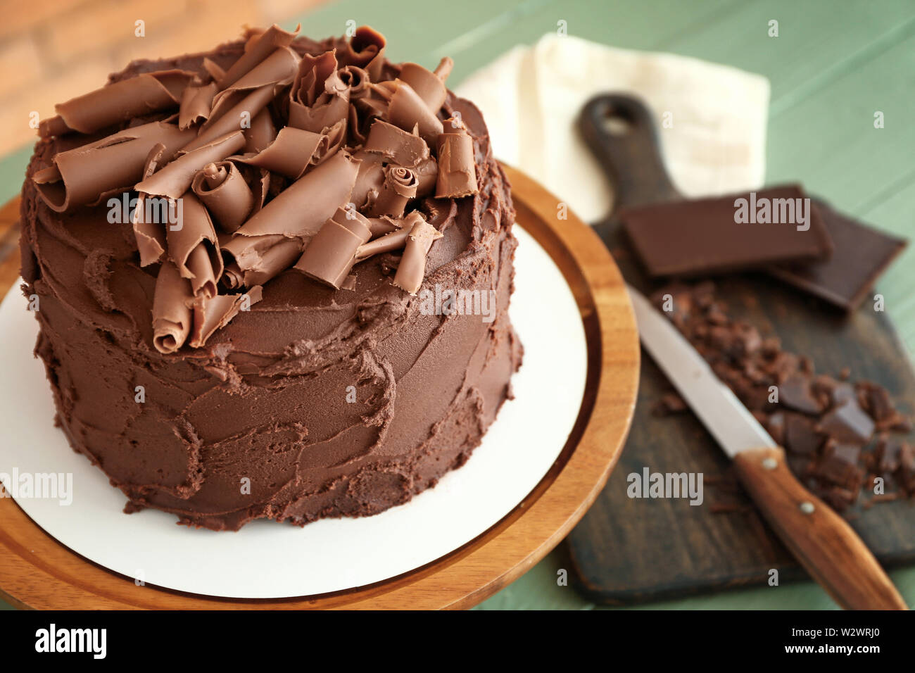 Tasty chocolate cake on stand Stock Photo