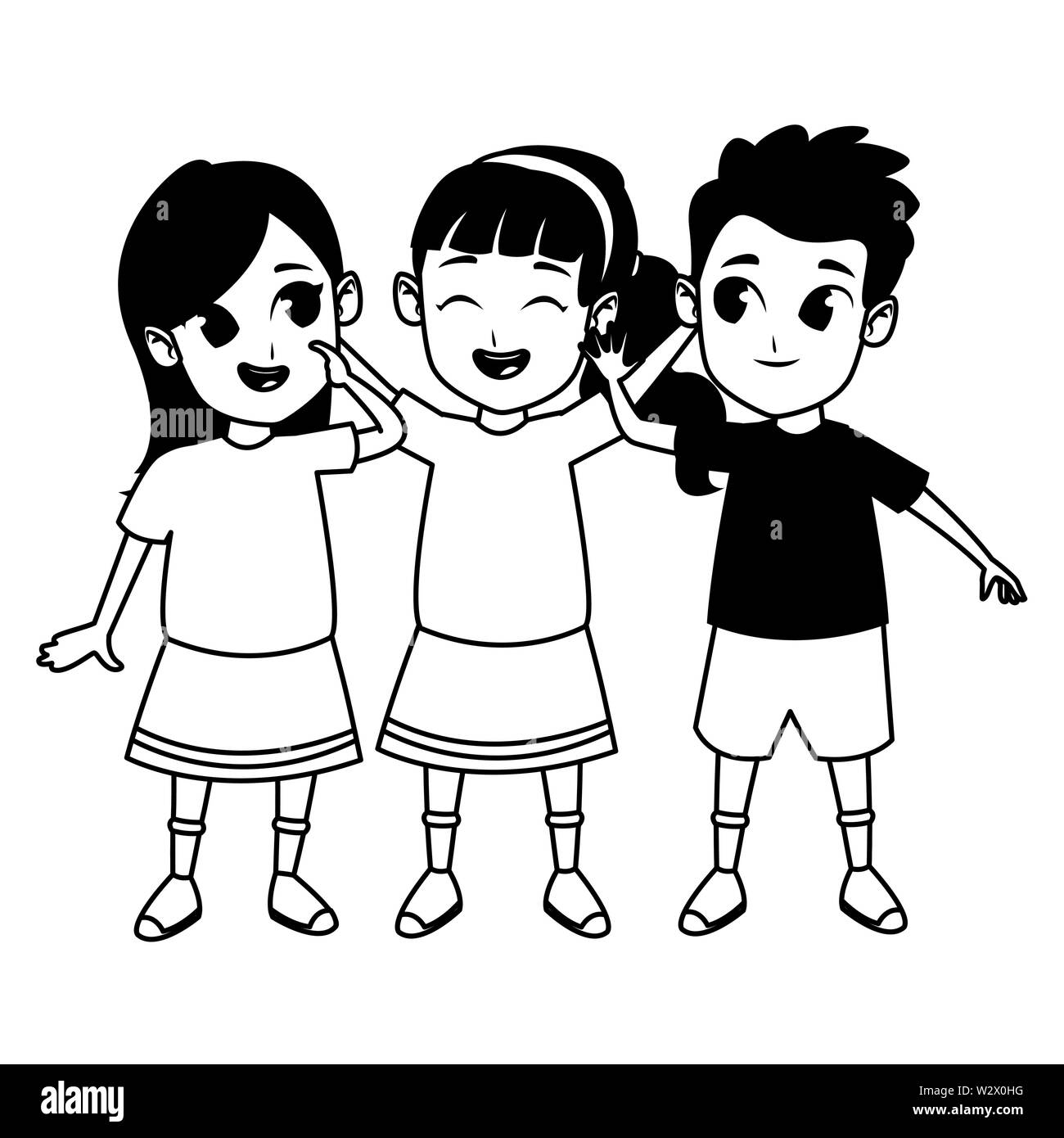 Kids friends playing and smiling cartoons in black and white Stock