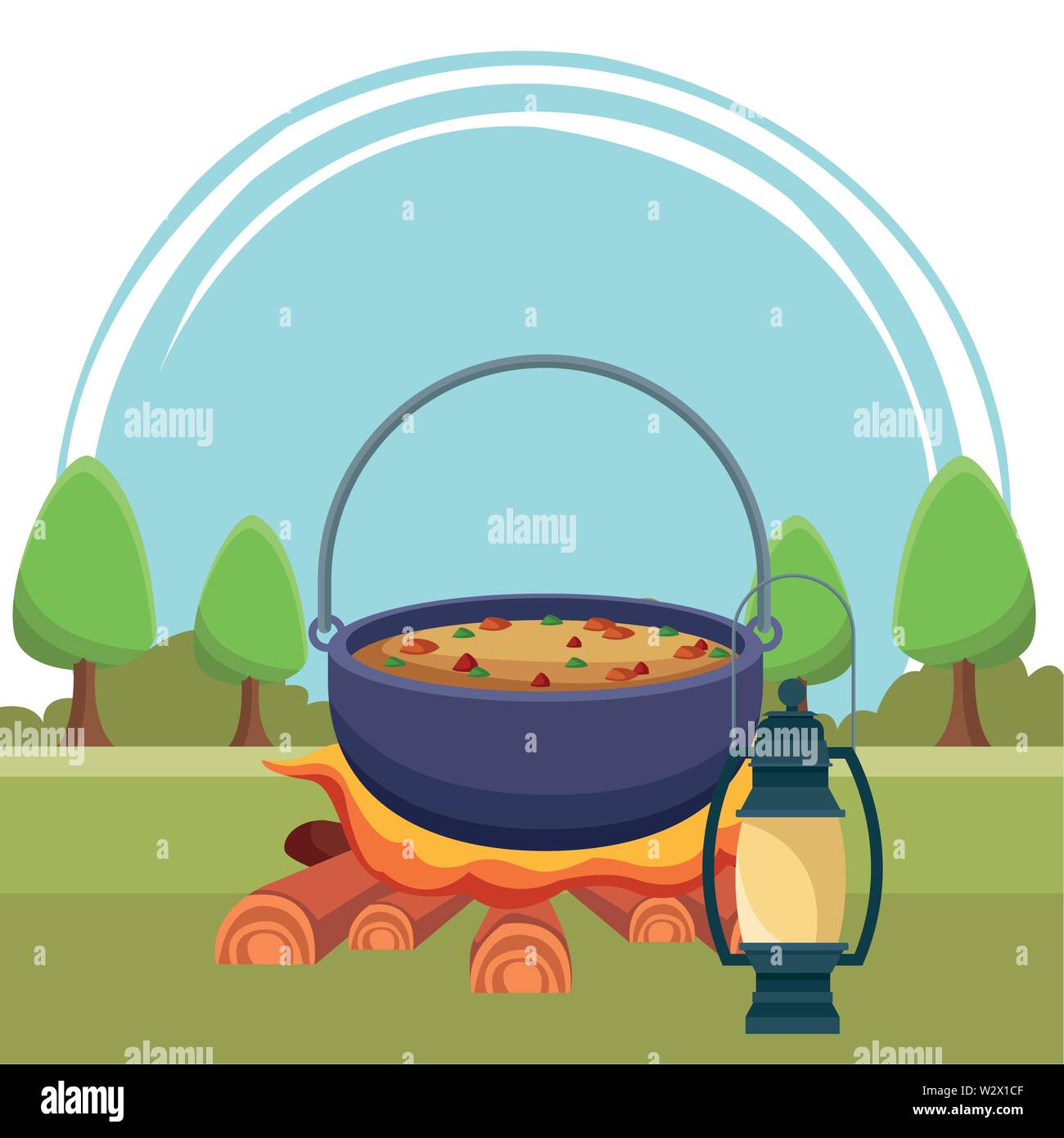 Camping cooking soup on bonfire with lantern Stock Vector