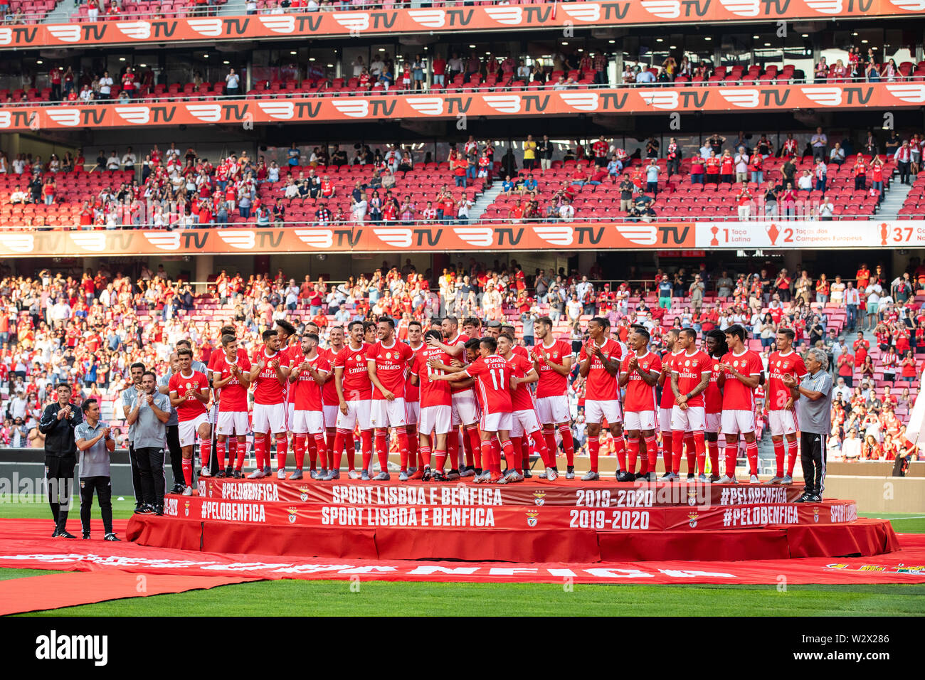Lisbon, Portugal. 10th July, 2019. SL Benfica players embrace Jonas (Jonas Gonçalves Oliveira), for the tribute of his last game. Before the Pre-Season football match 2019/2020 between SL Benfica vs Royal Sporting Club Anderlecht.(Final score: SL Benfica 1 - 2 Royal Sporting Club Anderlecht) Credit: SOPA Images Limited/Alamy Live News Stock Photo