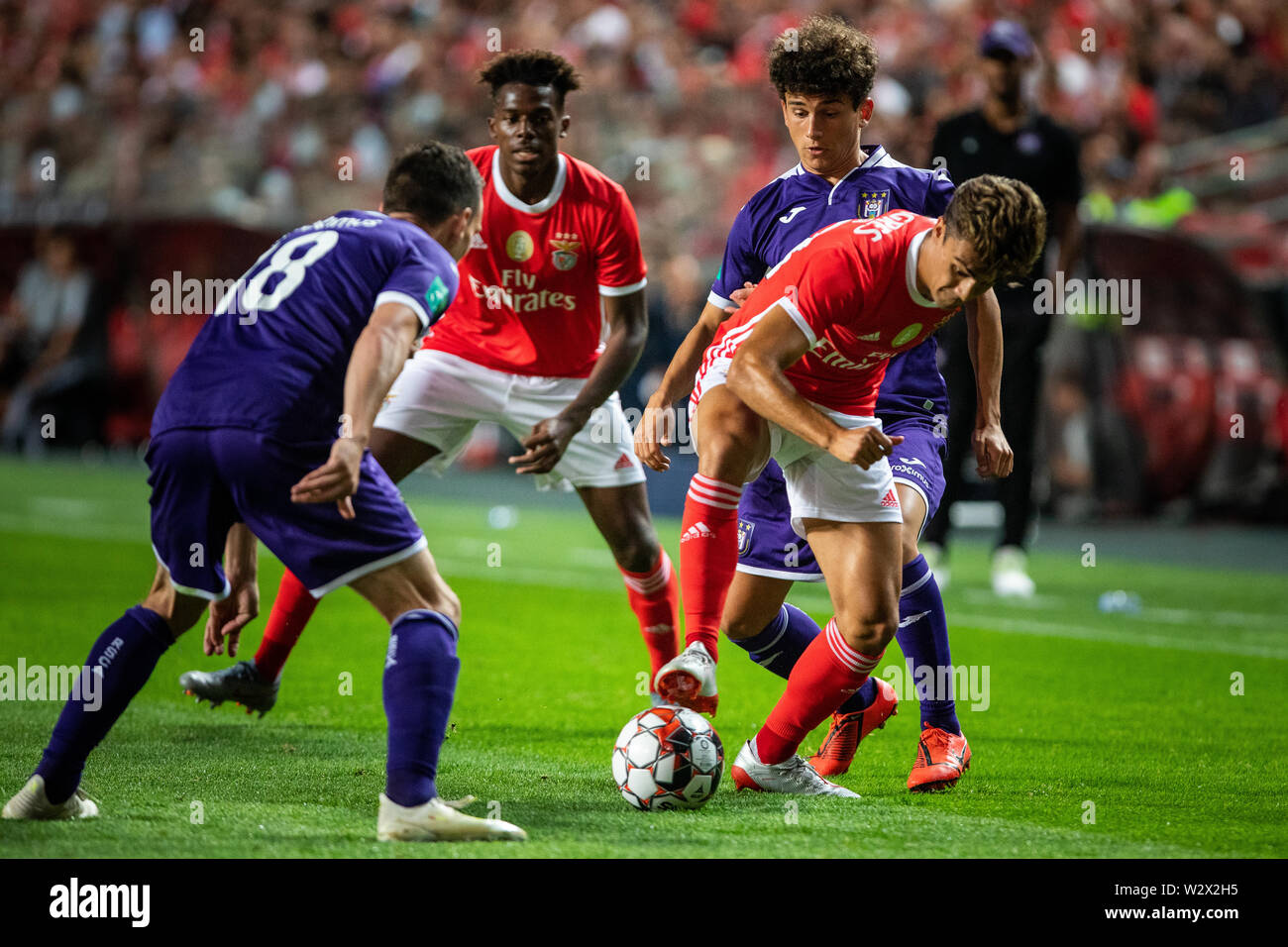 Lisbon, Portugal. 10th July, 2019. Tiago Dantas of SL Benfica vies for the ball with Théo Leoni of RSC Anderlecht during the Pre-Season football match 2019/2020 between SL Benfica vs Royal Sporting Club Anderlecht.(Final score: SL Benfica 1 - 2 Royal Sporting Club Anderlecht) Credit: SOPA Images Limited/Alamy Live News Stock Photo