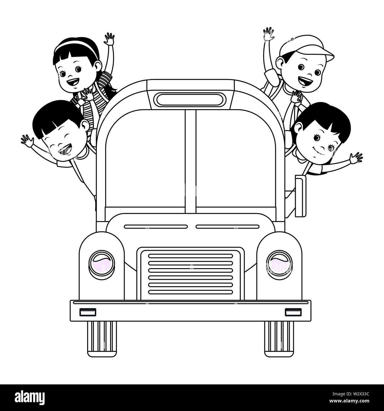 School kids greeting from bus in black and white Stock Vector Image ...