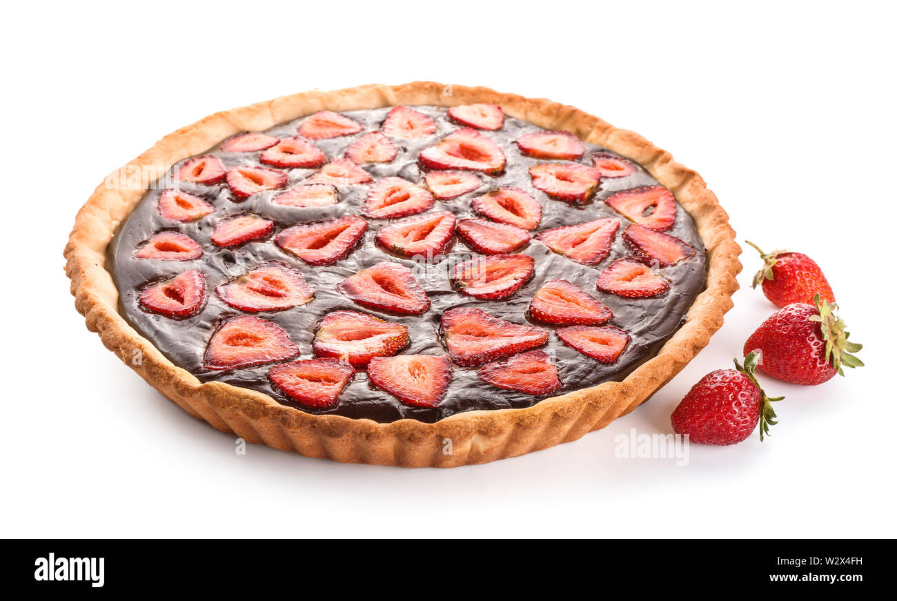 Tasty chocolate cake with strawberry on white background Stock Photo ...
