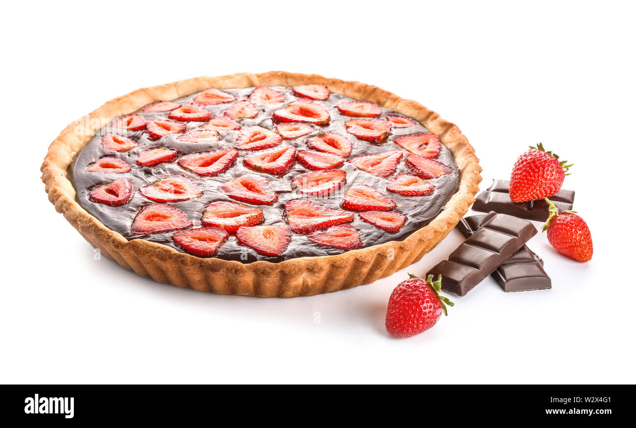 Tasty chocolate cake with strawberry on white background Stock Photo ...
