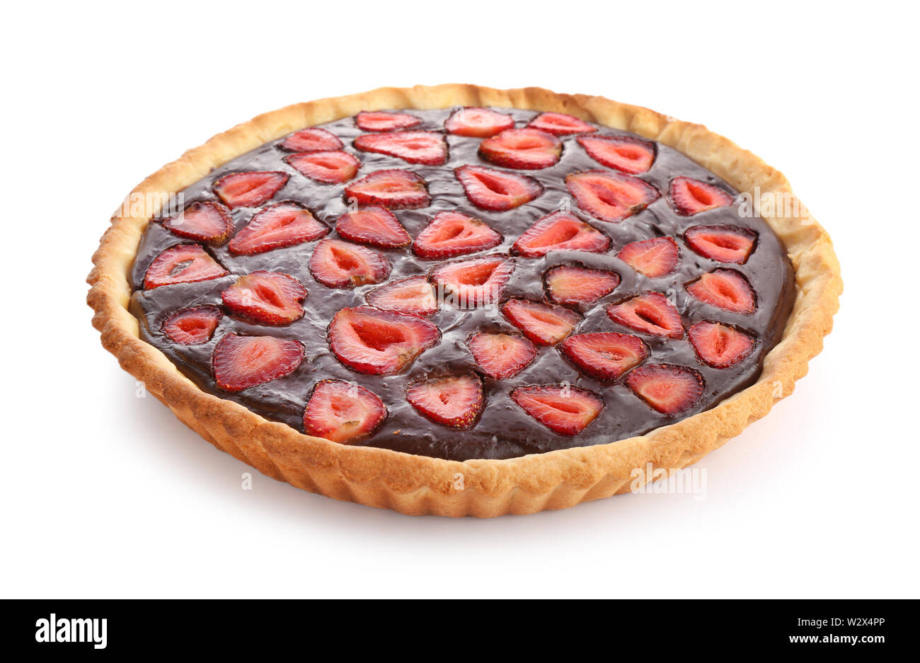 Tasty chocolate cake with strawberry on white background Stock Photo ...