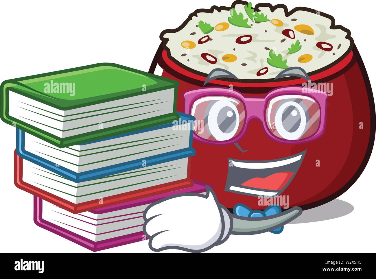 Student with book curd rice placed on character plate Stock Vector