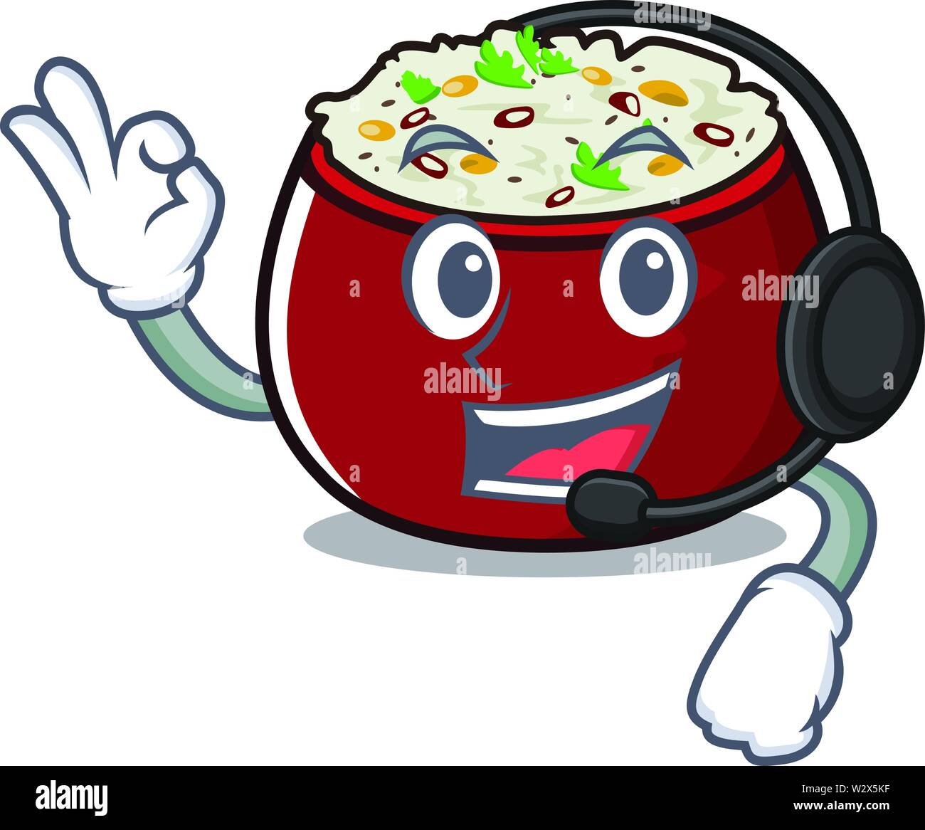 With headphone curd rice placed on character plate Stock Vector