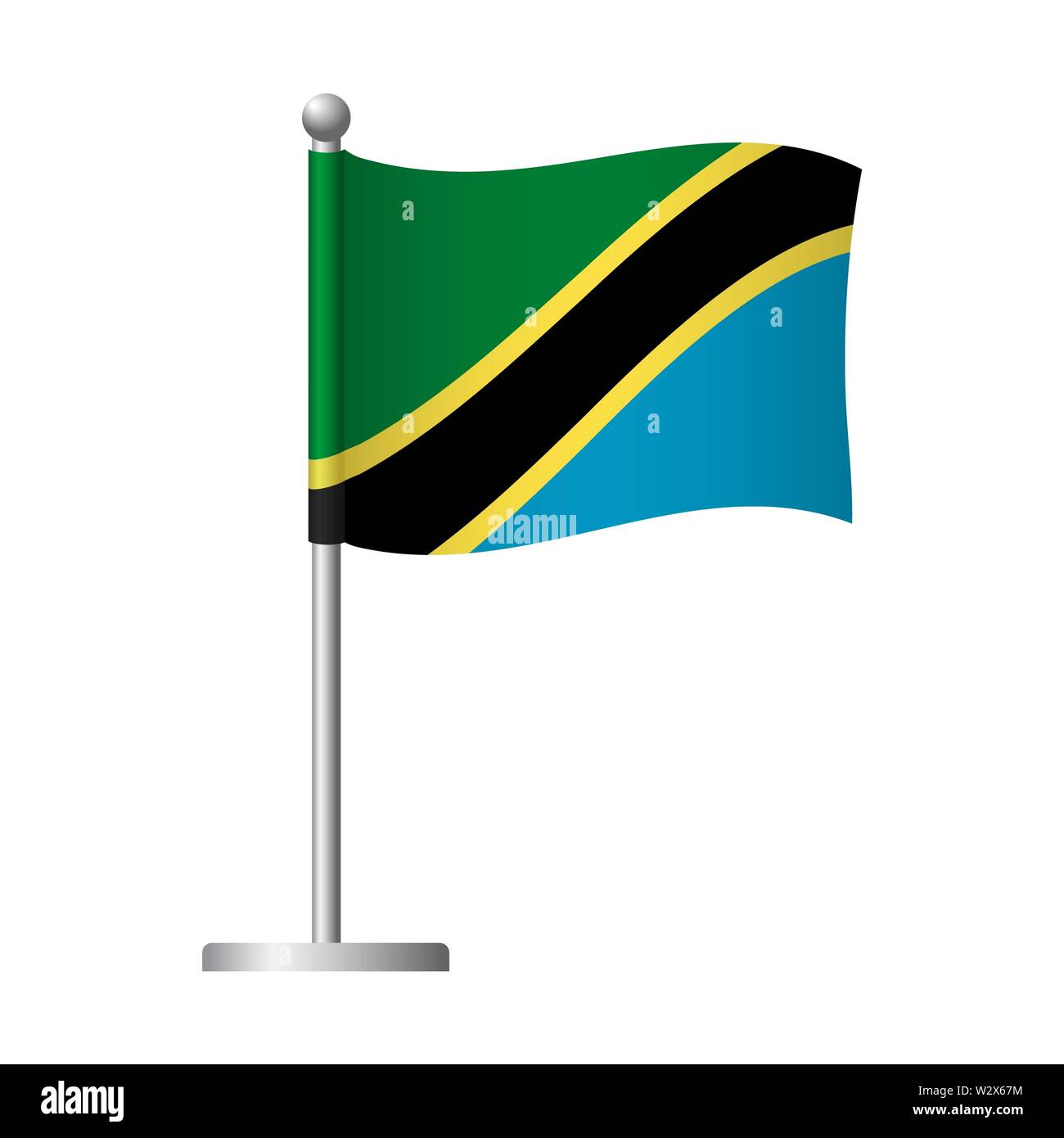 Tanzania flag on pole. Metal flagpole. National flag of Tanzania  illustration Stock Photo