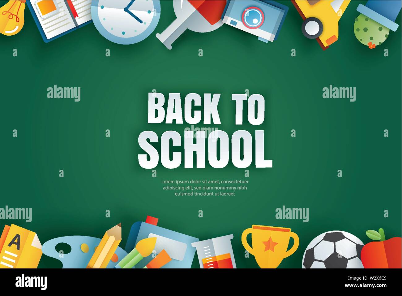 Back to school banner with education items on green chalkboard ...