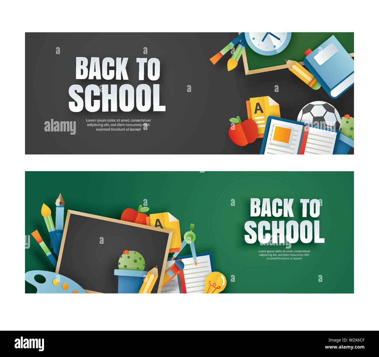 Back to school cover and banner with education items on chalkboard ...